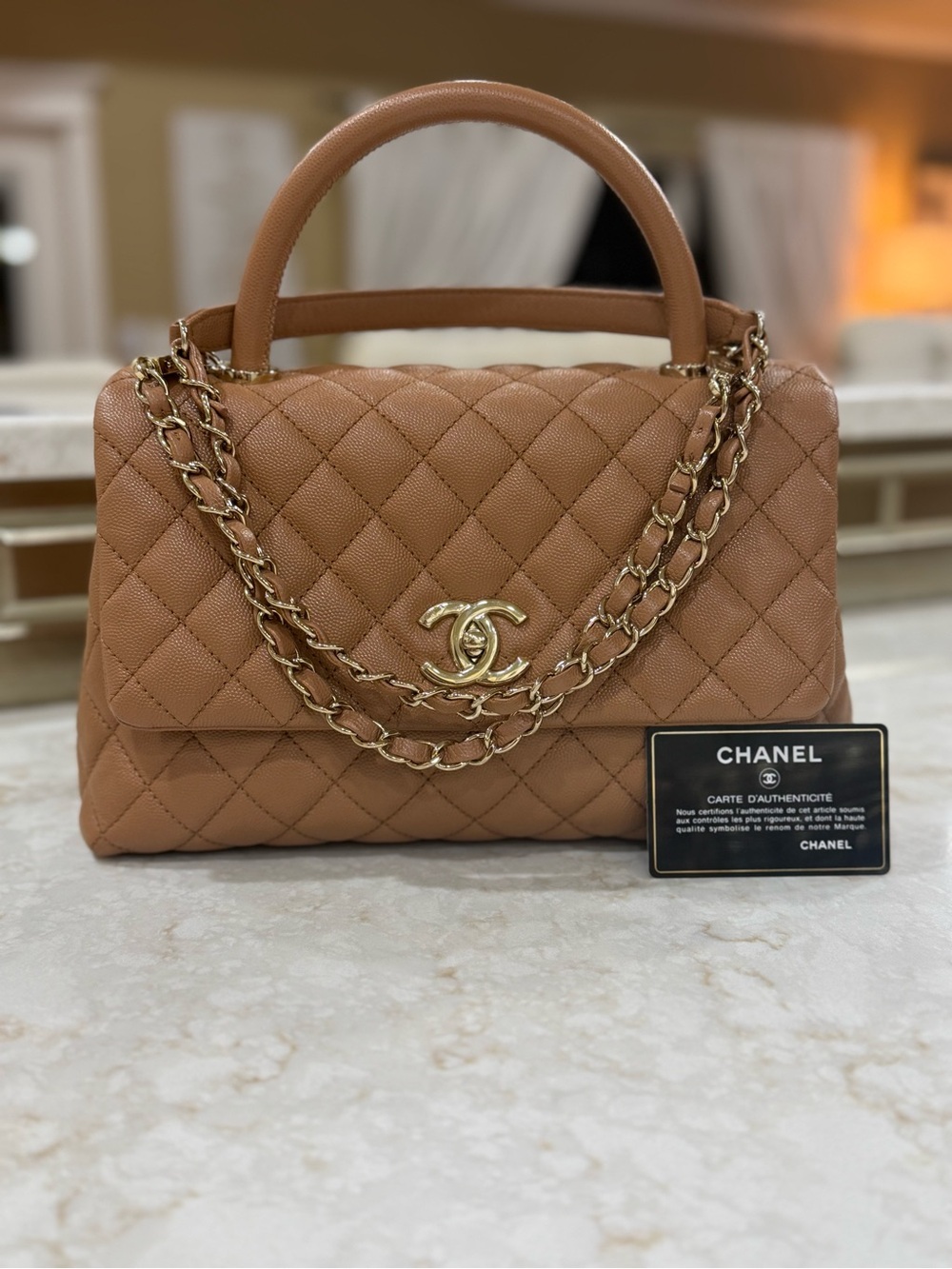 CHANEL Holo 31 Dark Beige Brown Quilted Coco Top Handle Bag Caviar GHW Authentic